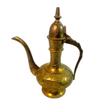 Brass Perfume Oil  Decanter Carved with Lid Intact  5.5” Marked India Antique