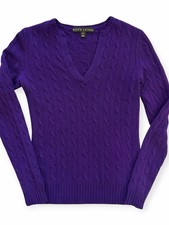 Ralph Lauren Purple Cable Knit 100 Cashmere V-Neck Sweater Size M
