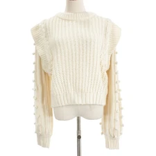 Farm Rio NWT Knit & Braided Pullover Sweater Size L in Solid Ivory 100% Acrylic