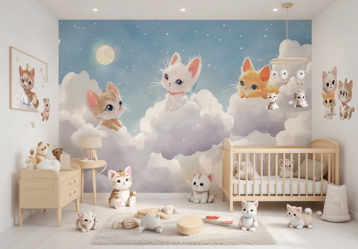 Nursery Wallpaper Mural 10x7 ft baby bedroom blue pink white kittens wall decor