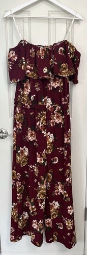 Blu Pepper Burgundy Floral Off Shoulder Wide Leg Jumpsuit L