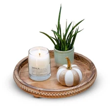 Round Wood Tray for Centerpiece Table Decorations, Rustic Beaded Wooden Trays