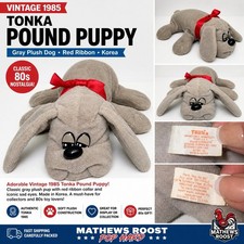 Vintage 1985 Tonka Pound Puppy Gray Plush Dog Red Ribbon Korea Stuffed Toy