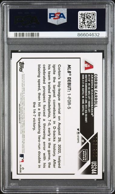 2023 TOPPS UPDATE #US244 CORBIN CARROLL /299 ORANGE FOIL RC PSA 10 view 2