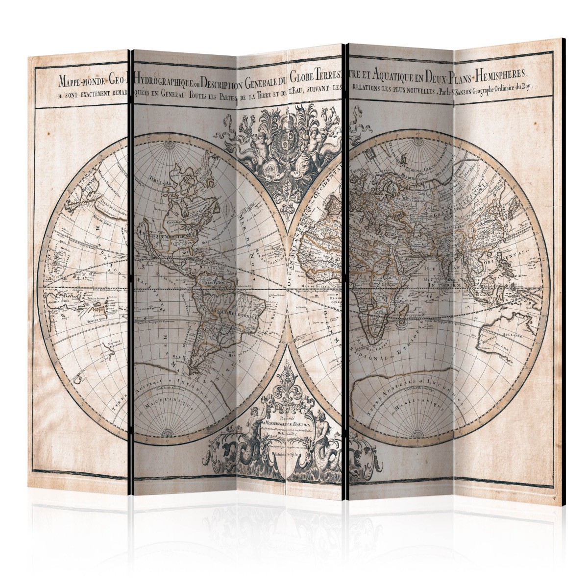 Paravent 5 volets Mappemonde GeoHydrographique 172x225 cm en bois et toile