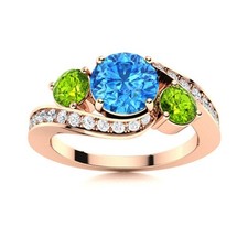 Swiss Blue Topaz  Peridot 5MM Round 925 Silver Rose Plated Three Stone Ring