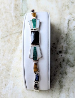 Vintage mexikanisches 950 Silber 7'' Multi Stein Armband Onyx Malachit signiert TM-181