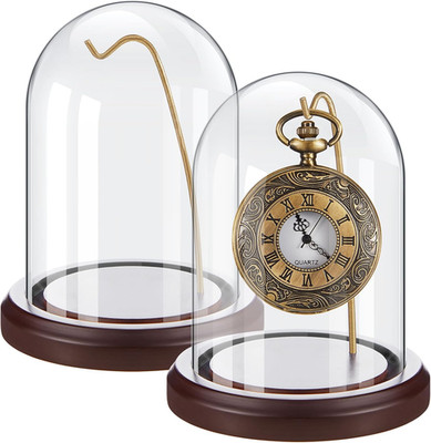 2 Pcs Glass Pocket Watch Display Dome 3'' X 5'' Reddish Brown Base