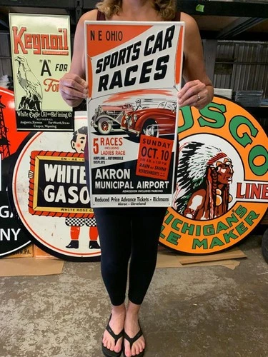 Antique Vintage Old Style Sign Sports Car Races Akron Ohio Made in USA