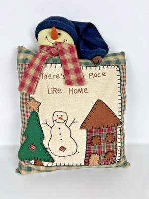 Vintage Decorative Handmade Christmas Snowman Pillow Primitive Stitchery 11 x 15