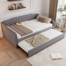 4ft6 Double Daybed Sofa Bed w/ Pull Out Trundle Bed Grey Velvet Upholstered Bed