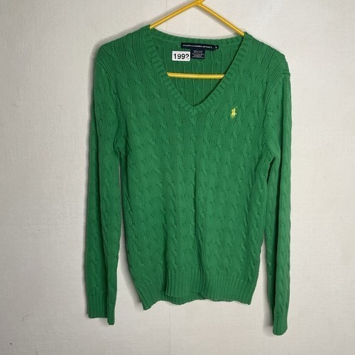 Polo Ralph Lauren grün 100% Baumwolle Zopfmuster V-Ausschnitt Pullover Damen Gr. XL Logo - Bild 9 von 11