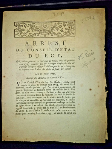 ARRET 1751 LOUIS XV - ORFEVRERIE PARIS OR ARGENT POINCON FERME GENERALE TAXES
