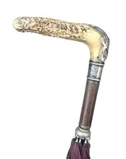 Vintage Antique Antler Stag Sterling Silver Mono Nylon Tent HS Umbrella Parasol