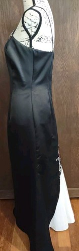 Vintage DJ Nights Prom Classic Black Satin Maxi Dress Gown 5/6 S Beaded Sequins - Picture 3 of 10