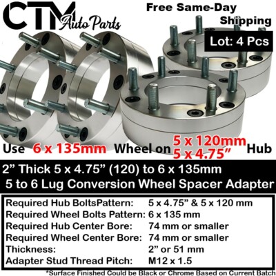 4x 2'' Thick 5x4.75 to 6x135 Conversion Wheel Spacer Adapter Fit Vintage Chevy GM