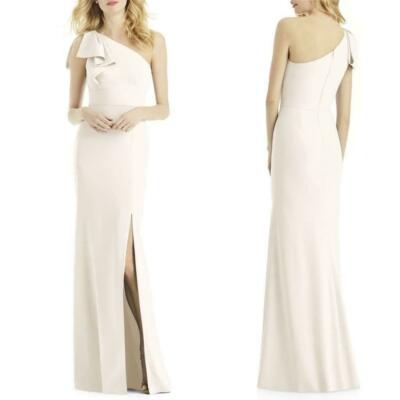 AFTER SIX Ivory White Bow One-Shoulder Crepe Hi-Slit Maxi Gown Dress 10 WEDDING