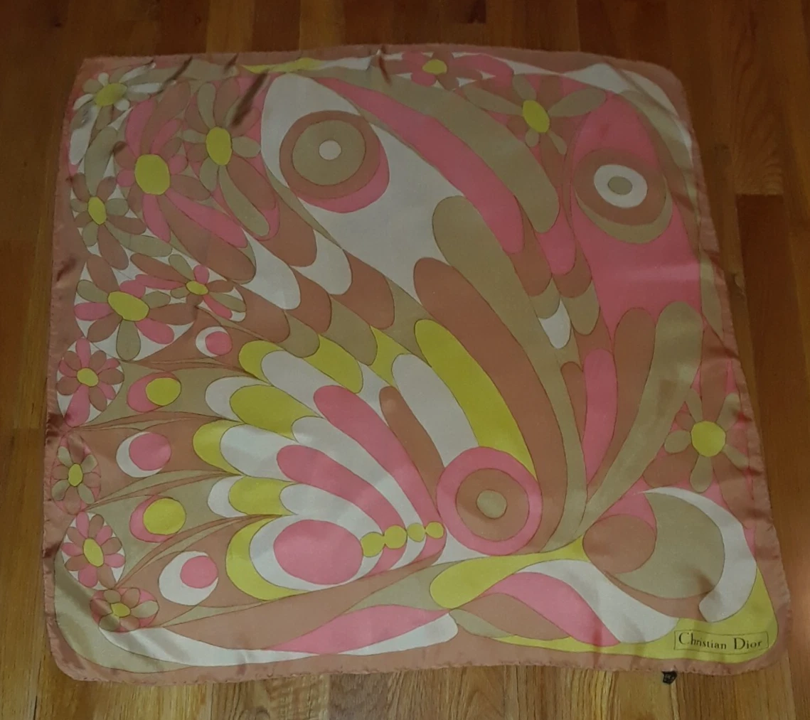 Foulard carré vintage Christian Dior Pucci esque marron jaune corail rétro 100% soie 29