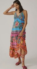 Farm Rio V-Neck Dress Anthropologie Halter Floral Tiered Sundress Cover XS NEW
