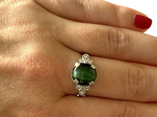 14K White Gold Oval Green Cat's Eye Tourmaline 6 Diamond Ladies Ring Size 7.75 - Picture 10 of 12