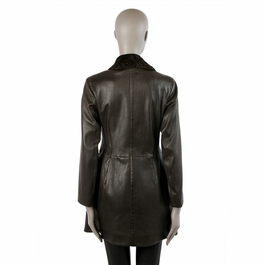 56378 auth PRADA green leather FUR COLLAR Double-Breasted Coat
