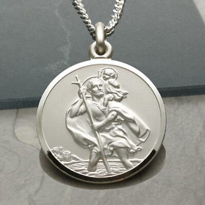 Sterlingsilber 27 mm St. Christopher Anhänger Halskette Kette & Gravuroptionen