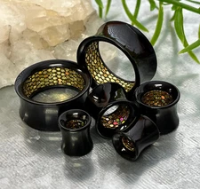 PAIR Inner Glittery Pattern Inlaid Black Acrylic Saddle Tunnels Plugs Gauges