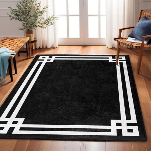 Black Geometric Framed Area Rug-White Double Border Mat-Elegant Livingroom Carpe - Picture 4 of 9