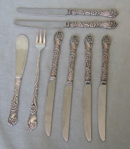 6 vtg fruit knives NILS JOHAN "Amsterdam" Sweden ALP Silverplated handles+BONUS