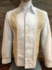 Men Mexican Guayabera Wedding Dress Shirt White with Gold Embroidery - Handmade