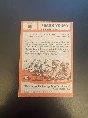 Fútbol Topps 1962 #96 ¡¡Frank Youso!! (N) ¡ENVÍO DE $1!! - Imagen 2 de 2