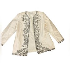 VTG Victor Costa Silk White and Black Beaded Jacket- size M- VINTAGE, A STUNNER