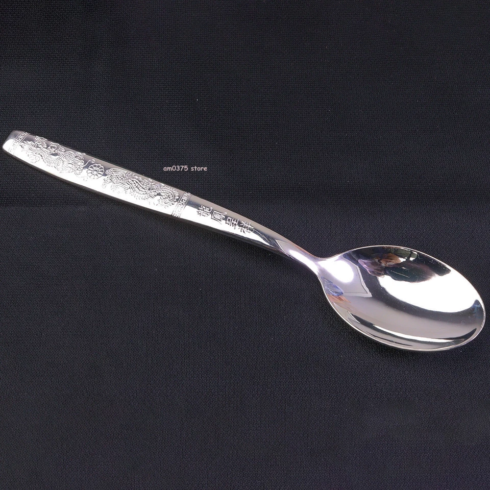 Pure 999 Fine Silver Soup Spoon Solid Flatware Dragon Phoenix Dinner Spoon Gift - Image 2 of 4