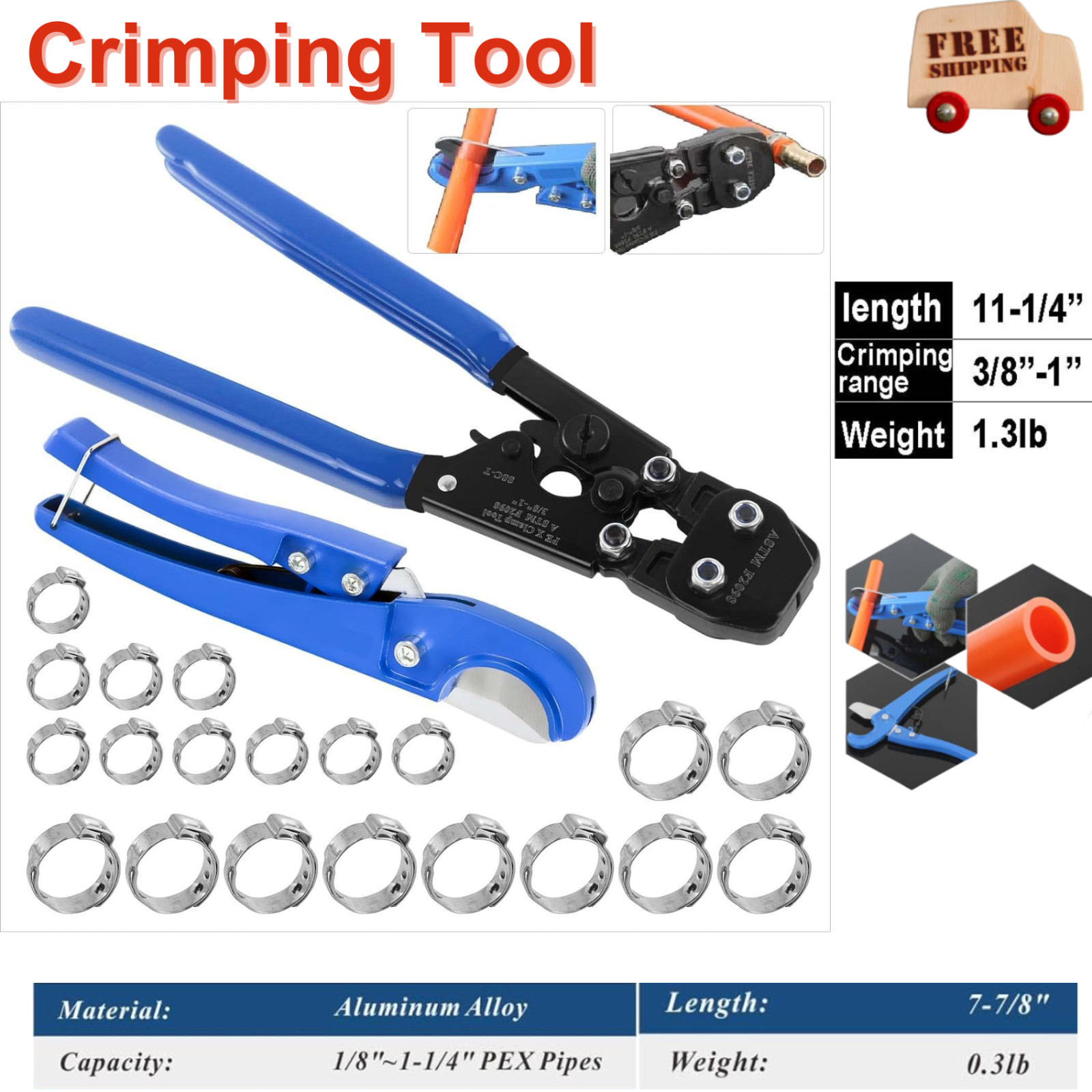 PEX Pipe Clamp Cinch Tool Crimping Crimper Stainless Steel Clamps, Pipe Cutter