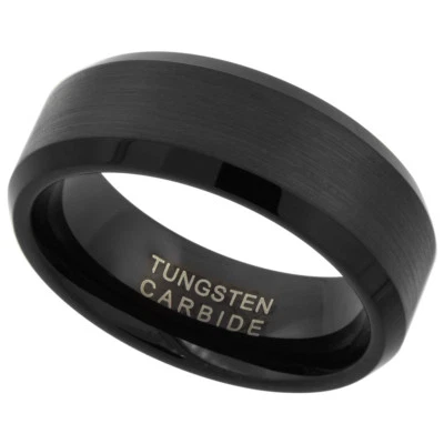 8mm Schwarz Wolfram Ehering, Abgeschrägte Rand Gebürstetes Komfort Passform - Bild 1 von 2