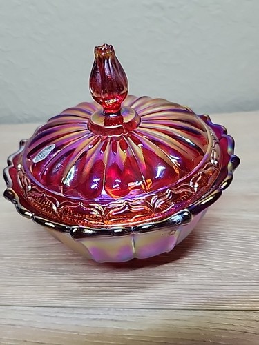 FENTON RUBY RED CARNIVAL IRIDESCENT OGEE 2 Piece CANDY DISH & Lid 7.5"W X 6.5"H - Picture 9 of 16