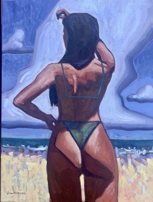 Original Painting Beach Surfer Female Figure 18x24 Signed Hawaii Coast 