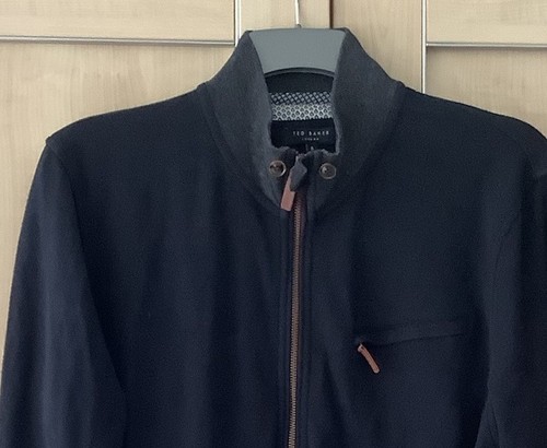TED BAKER Sz 5 Navy Blue Jersey Jacket Zip & Button Pockets Great Cond - Picture 3 of 6