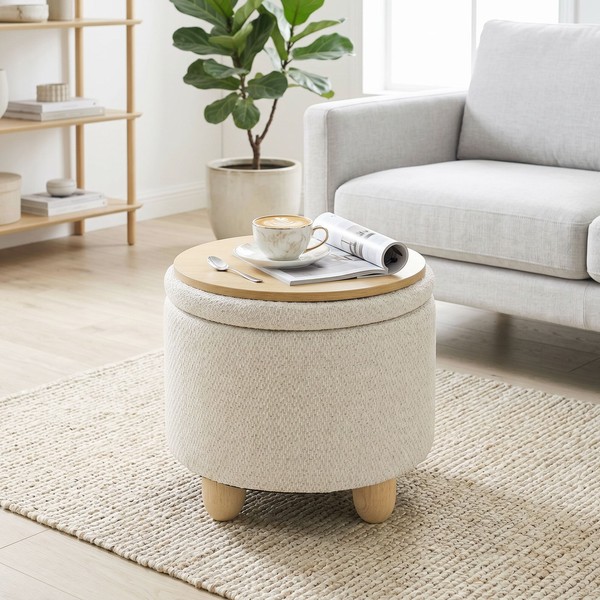 Homcom Hocker Mit Stauraum, Runder Sitzhocker Mit Deckel, Leinenoptik Beige-image