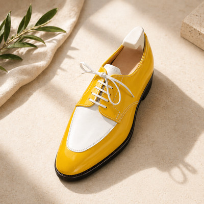 Men's Handmade Genuine Leather Yellow & White Shoe Dress Formal Lace-up Shoes