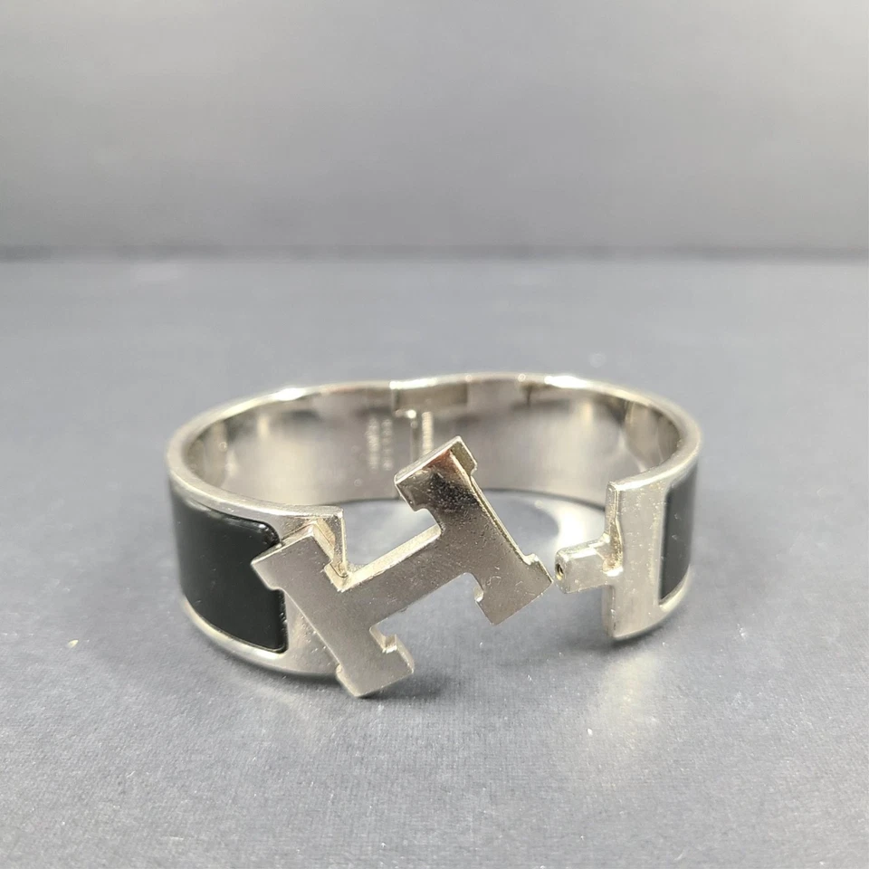 Pulsera Hermes Clic Clac H plata esmalte negro ancho PM 100% auténtica Foto 3 de 4