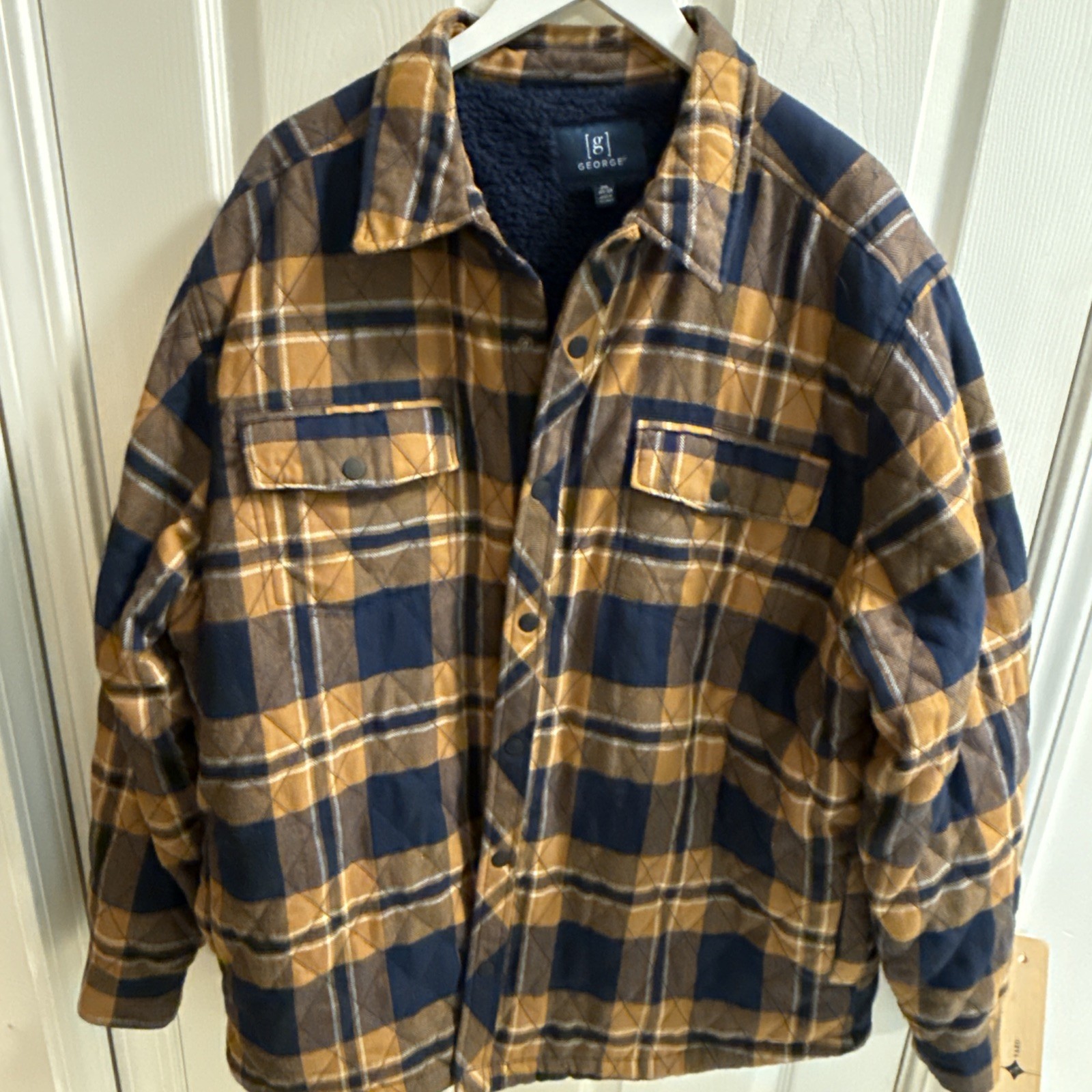 George Men's Rust Blue Plaid Shirt Jacket in XXL Size