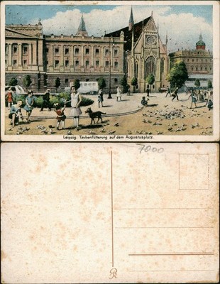 Ansichtskarte Leipzig Taubenfütterung auf dem Augustusplatz. 1935