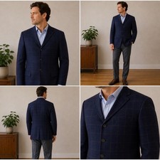Stafford Mens Navy Windowpane Wool Cotton Sport Coat Blazer 46S Classic Fit NEW