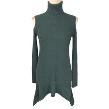W by Worth Wool Turtleneck Cold Shoulder Diamond Knit Sweater Dress Green