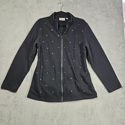 Quacker Factory Black Rhinestone Full Zip Jacket Rhinestone Zipper Pockets Sz L