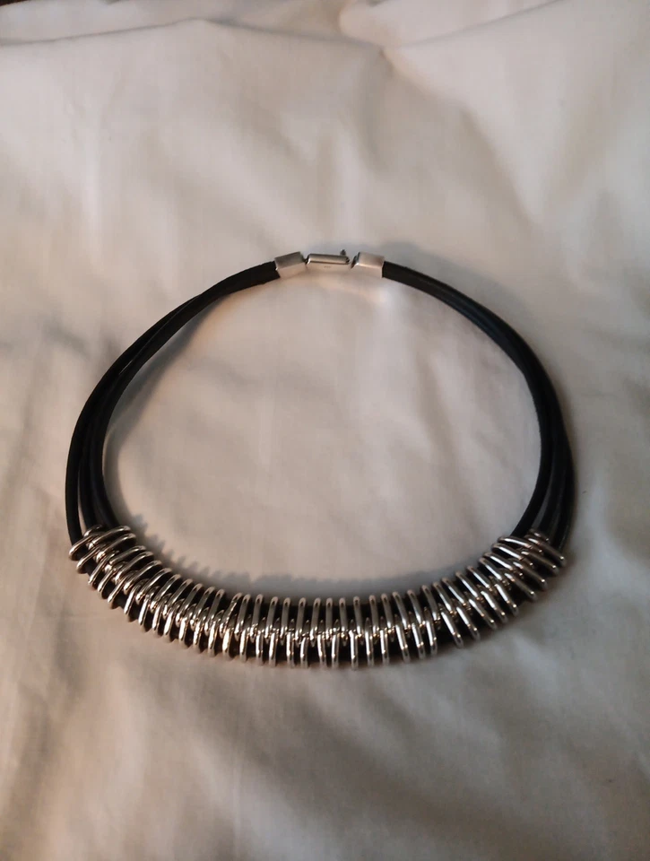 Juego de collar y pulsera de plata de ley 925 de 3 hilos de cuero negro vintage Foto 2 de 4