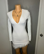 SHEIN White Solid Bodycon Mini Dress V-Neck Long Sleeve Feather Trim XS