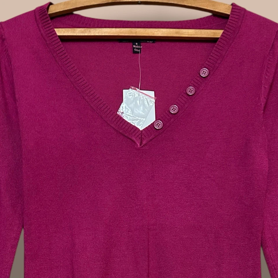 Suéter Top Y2K Para Llevar Talla Pequeña Lux Rosa Cuello en V Tejido Manga 3/4 Informal Preppy Foto 4 de 4