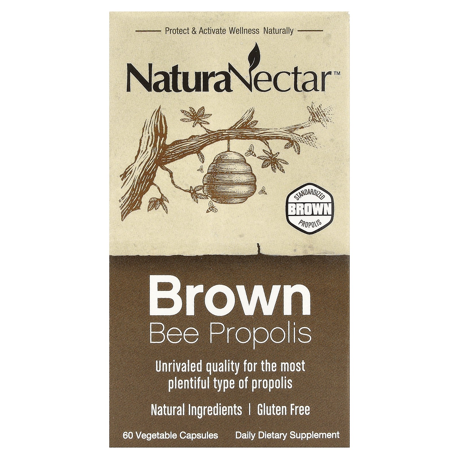 NaturaNectar Brown Bee Propolis 60 растительных капсул без спирта, полностью натуральный